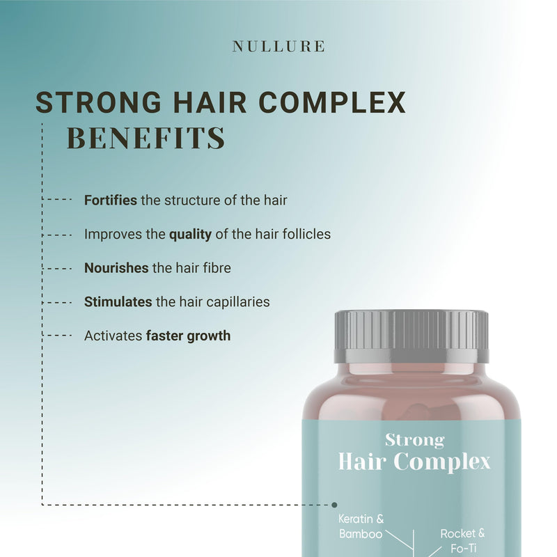 Nullure Natural Hair Growth Supplement | Hair Vitamins | Hair Growth Booster · Hair Loss Action · Strength and Shine | Biotin + Keratin + Zinc + Fo-ti + Bamboo + Vitamin B2 | 120 Capsules (2 Months)
