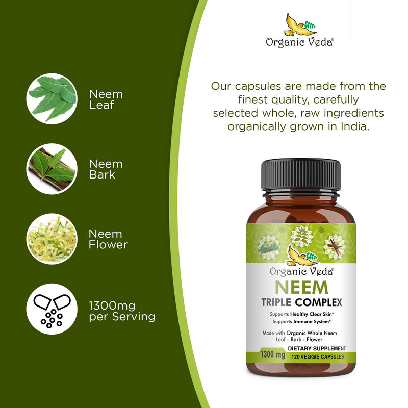 [Australia] - Organic Veda Neem Capsules with Triple Complex Neem Leaf Extract, Bark & Flower - Herbal Neem Supplement Boosts Immunity, Improves Digestion, Skin Health & Support Cleansing - 120 Count 