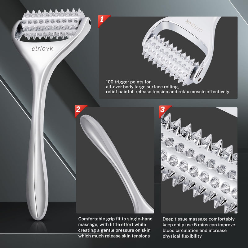 [Australia] - Acupuncture Massage Roller, Stainless Steel, Portable Manual Roller for Whole Body Pain Relief, Puffiness Reduce and Muscle Relaxation Massage, Silver 
