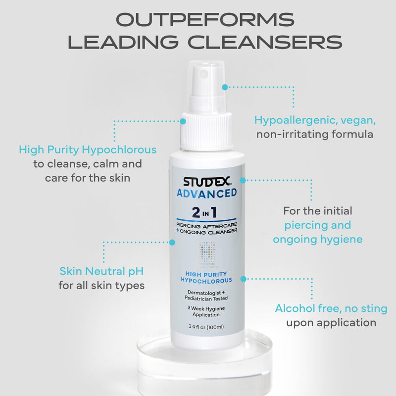 [Australia] - Studex Advanced 2-in-1 Piercing Aftercare & Cleanser – Hypochlorous Spray for Body and Ear Piercing, Hypoallergenic Formula for Sensitive Skin (Pack of 2) 3.4 Fl Oz (Pack of 2) 