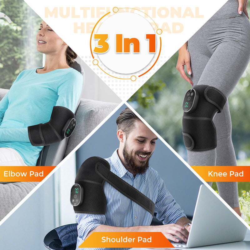 Cordless Knee Heating Pad for Pain Relief & Arthritis, Heated Knee Massager Brace Wrap 6 Heating Levels, 3 Vibration and Timing Modes, 3 in 1 Heating Pads for Shoulder Elbow Women Men Black