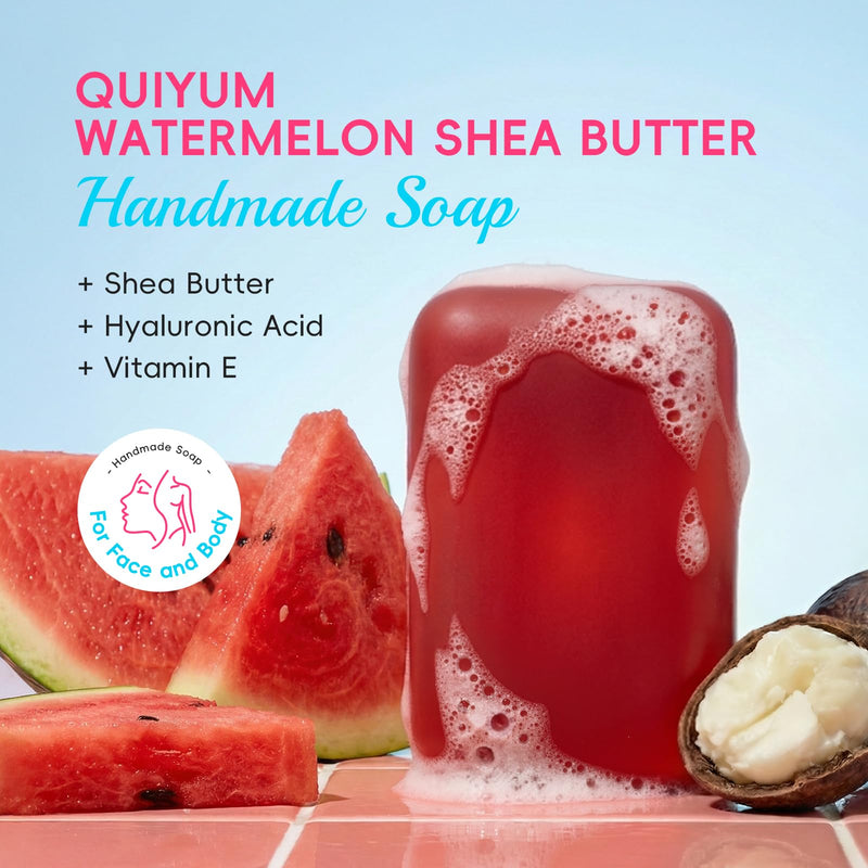 QUIYUM Watermelon Shea Butter Handmade Soap, 3-in-1 Face & Body Bar Soap | Niacinamide, Vitamin E & Jojoba Oil, Hydrating and Glowing Daily Cleanser for All Skin Types, Refreshing Fruity Scent