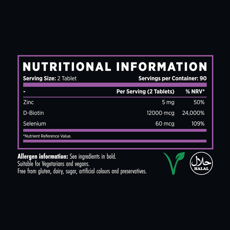 Refined Nutrition Ultra Biotin Tablets 12,000mcg – High Strength Hair Skin and Nails Supplement with Zinc & Selenium – 180 Vegan Tablets (90 Day Supply) – Made in the UK – Halal Certified