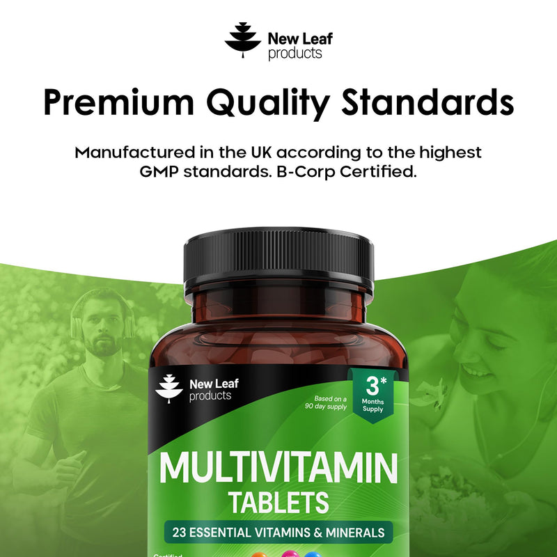 Multivitamin & Minerals 23 Essential Active Vegan High Strength Multivitamin Tablets for Women & Men with Iron A-Z Complete Daily Vegan Vitamins Gluten Free GMO Free (3 Month Supply) UK Made New Leaf 90 count (Pack of 1)