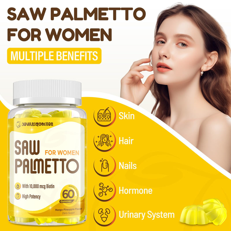 Jovariquethor Saw Palmetto for Women - DHT Blocker Hair Growth Supplement - 500mg Potent Saw Palmetto Gummies for Hair, Skin, Nails, Urinary Wellness - Mango-Pineapple Flavor - 60 Gummies 60 Count (Pack of 1)