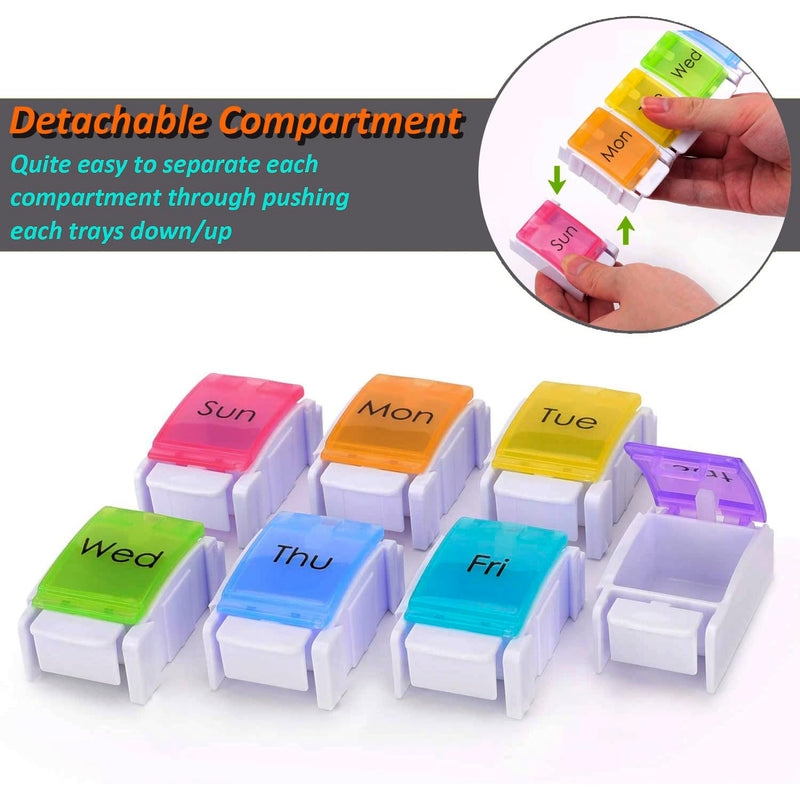 7 Day Pill Organizer, Removable Daily Cases with Rainbow Lids & Permanent Day Printing – No Stickers, Large Capacity Travel Medicine Holder for Pills, Vitamins & Fish Oil, Easy One-Handed Open (1/Day) D-mixed Color