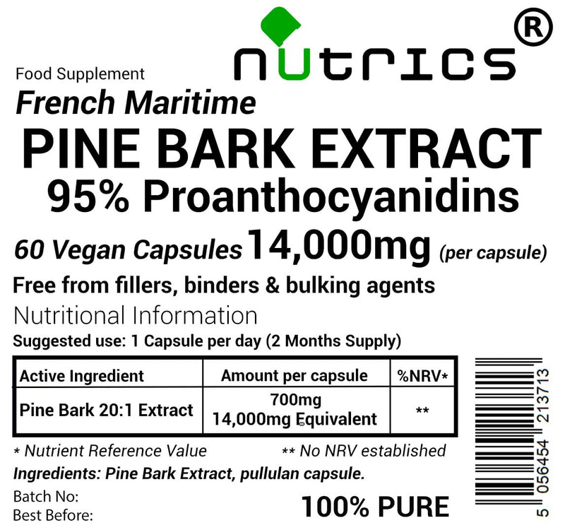 French Maritime Pine Bark Extract 14,000mg (per Capsule) 95% Proanthocyanidins Pure 60 Vegan Capsules (2 Month Supply) Free from Fillers Binders & Bulking Agents