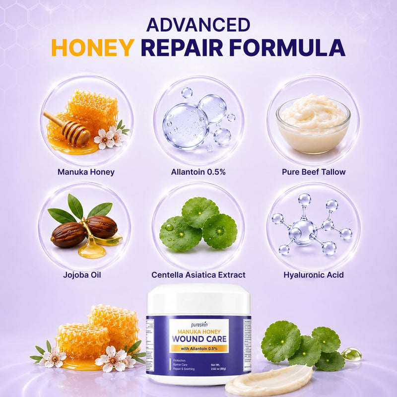 PURESKIN Manuka Honey Wound Care Ointment 2.82 oz (80 g): Manuka Honey Medical Grade Gel for Wounds, Cuts, Scrapes & Burns with Allantoin 0.5%, Tallow & Vitamin E - Fragrance-Free 2.82 Ounce (Pack of 1)