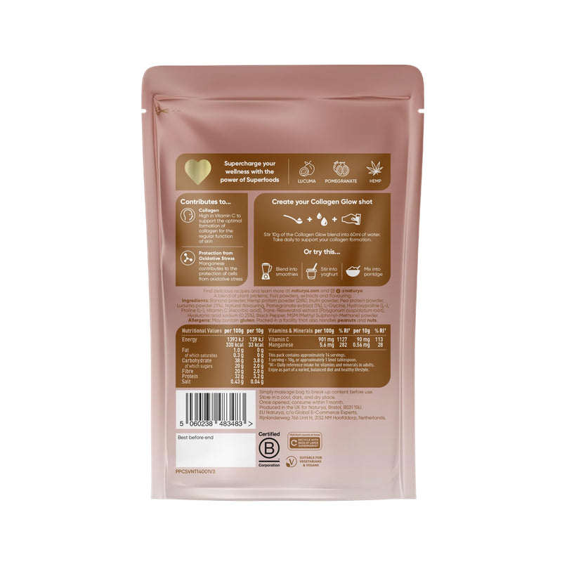 Naturya Vegan Superfood Collagen Support Vivid Vanilla 140 g – Plant-Powered Collagen-Builder with Vitamin C, Hyaluronic Acid & Resveratrol for Skin Hair Nails Joints