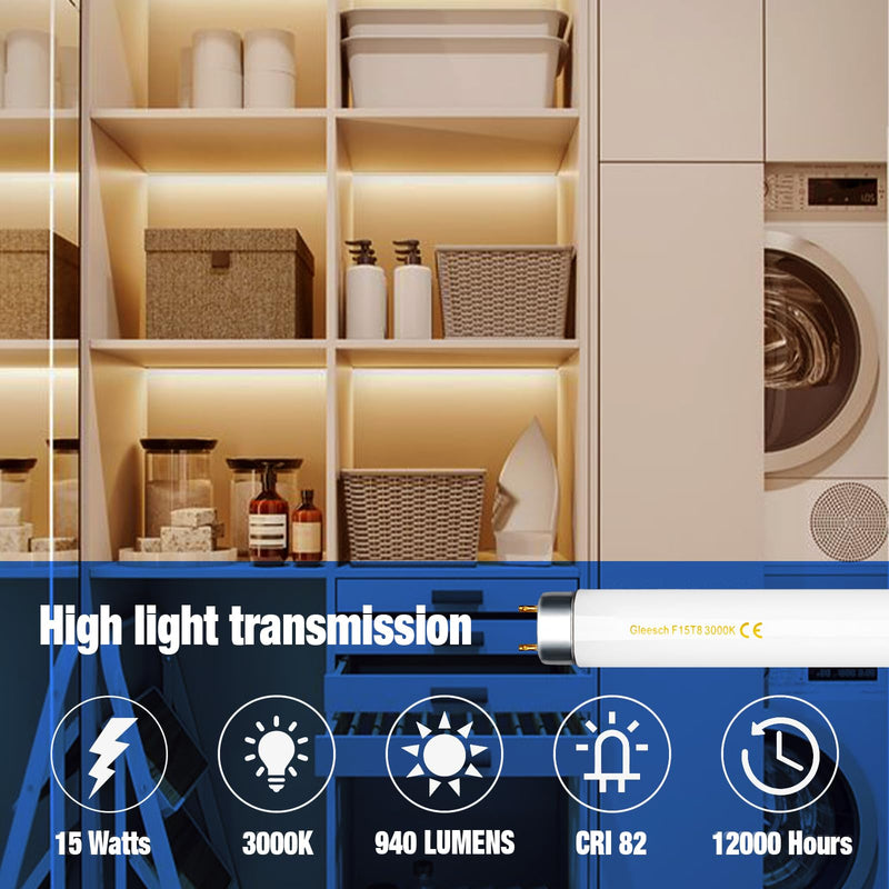 [Australia] - 15W 18" T8 Fluorescent Linear Tube Bulb F15T8/WW Warm White Light 3000K Medium Bi-Pin G13 Base 4 Pack Warm White-3000k 