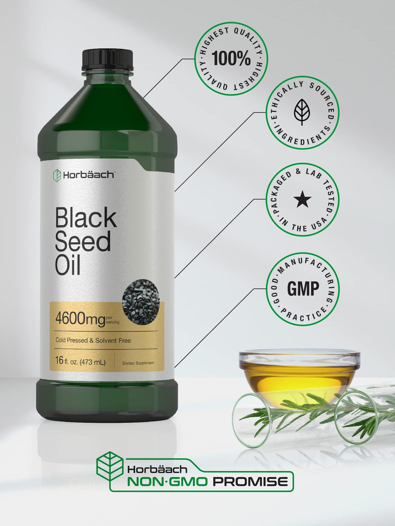 Horbäach Black Seed Oil Liquid 16oz | 4600mg | Cold Pressed Nigella Sativa Supplement | Vegetarian, Non-GMO, Gluten Free, and Solvent Free Formula 16 Fl Oz (Pack of 1)