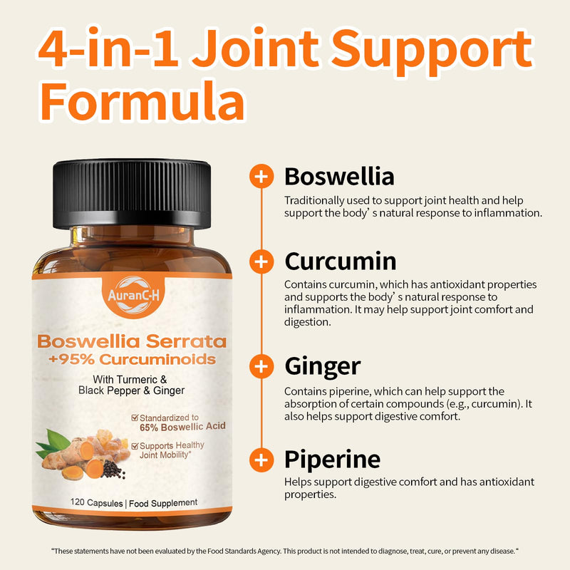 Boswellia Serrata Capsules, Boswellia for Humans - Anti Inflammatory & Joint Pain Relief Supplements - with Turmeric & Black Pepper & Ginger - 65% Boswellic Acids - Boswellia Extract 60 Capsules