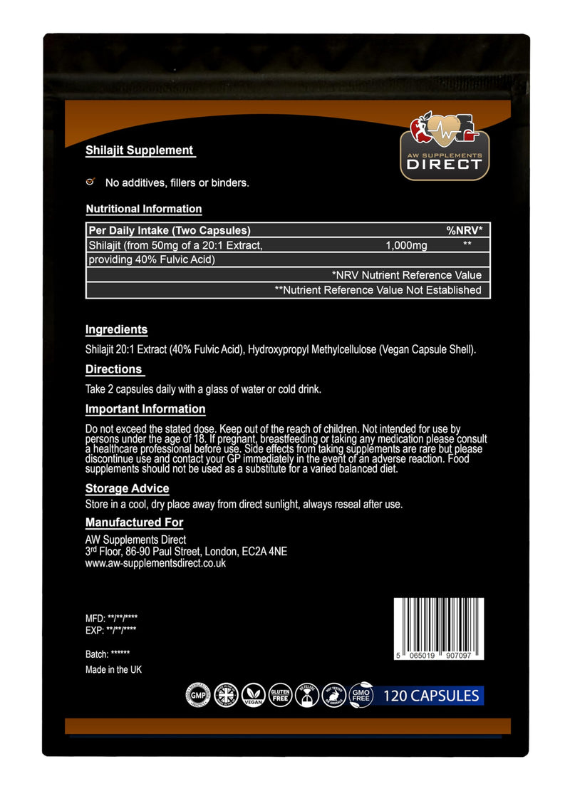 AW Shilajit Capsules | 120 High Strength Himalayan Shilajit Extract Supplements - 1000mg per Serving | Non-GMO & Gluten Free | Made in The UK