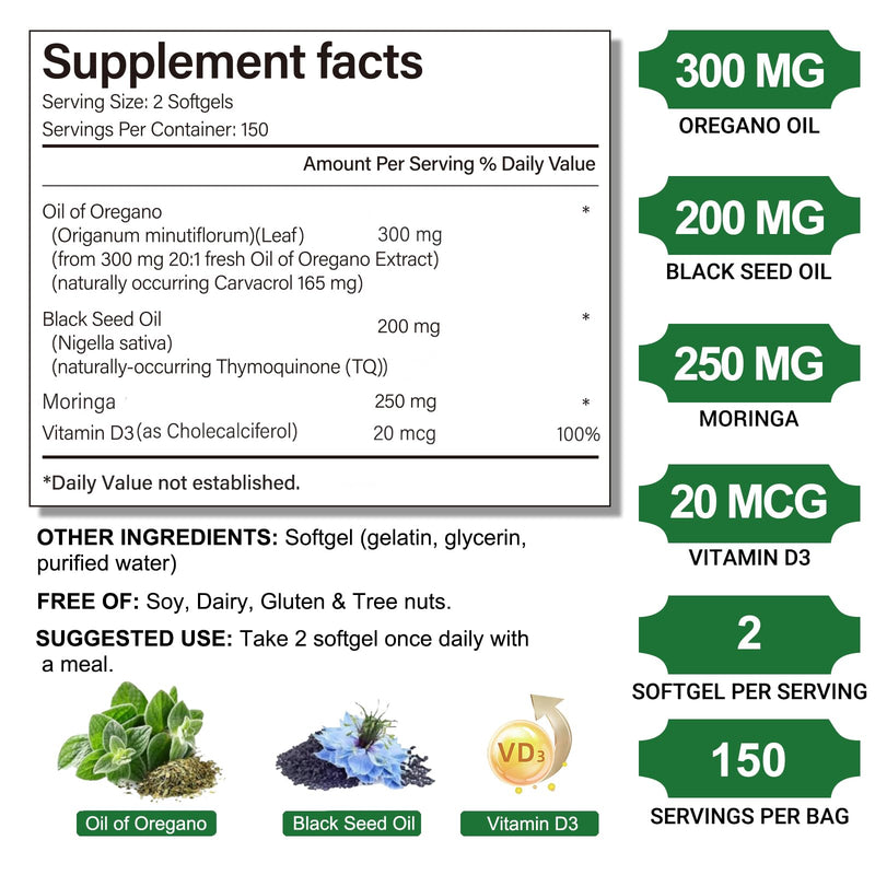 [Australia] - Oil of Oregano Capsules, 4-in-1 Organic Oil of Oregano with Black Seed Oil, Moringa & Vitamin D3 Softgels for Immune Support, Carvacrol & Thymoquinone, Non-GMO, 300 Softgels- 150 Days Supply 