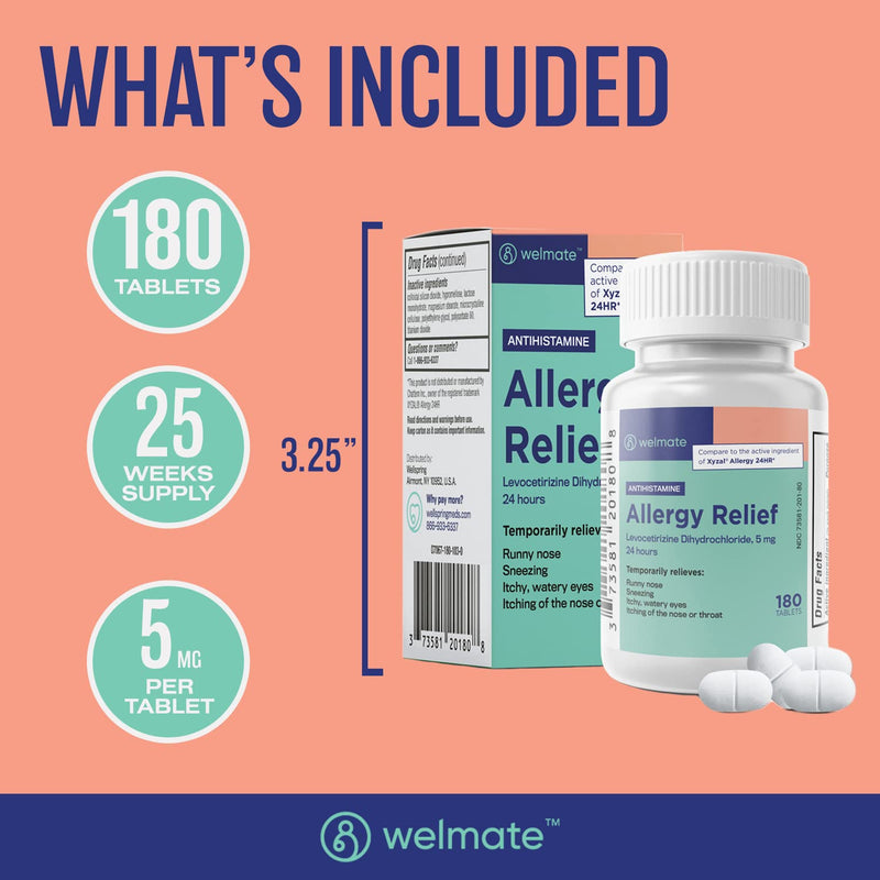 [Australia] - WELMATE | Allergy | Generic Xyzal Levocetirizine Dihydrochloride 5mg | Non Drowsy | Fast Acting | 24hr Support | Runny Nose, Watery Eyes, Sneezing | Antihistamine | Allergy Medication | 180 ct 1 