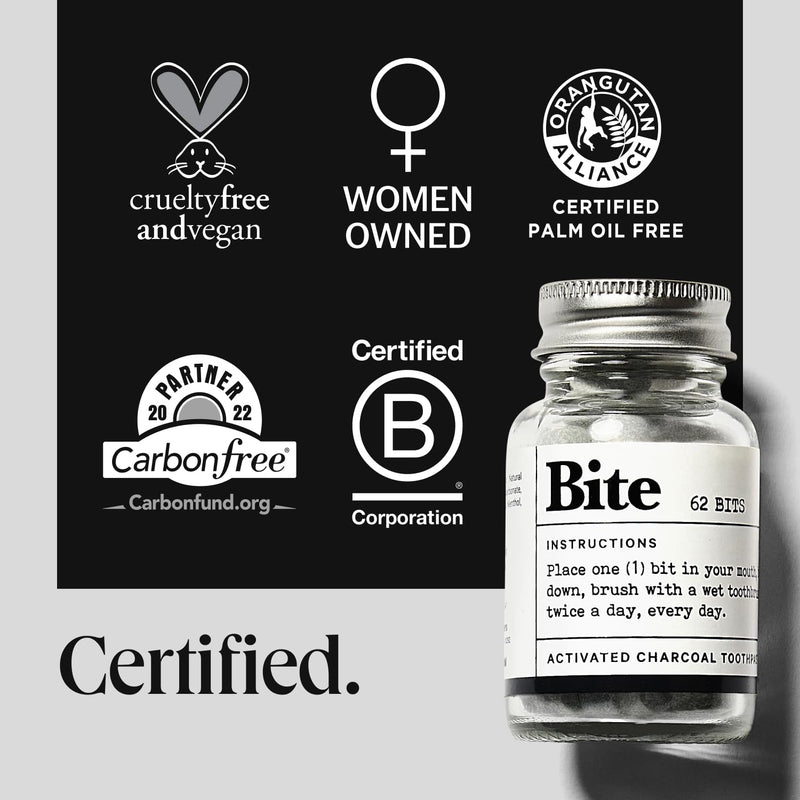 Bite Whitening Toothpaste Tablets – 2 Months – Fluoride Free, Nano Hydroxyapatite + Xylitol, Mint Charcoal – Vegan, Cruelty-Free, Made in USA, Sensitive Teeth, Travel Size, (2 Bottles, 124 Tabs)