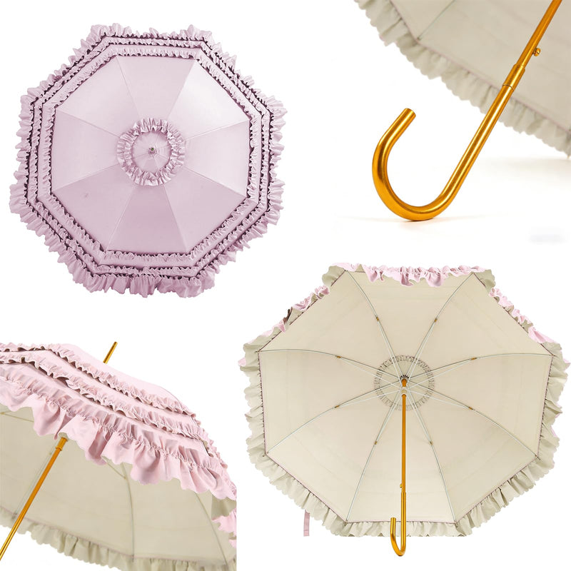 Ruffled Umbrella with Gold Handle, Mint Green and Peach, 34.65 inch Canopy, Decorative Stick Umbrella Pink