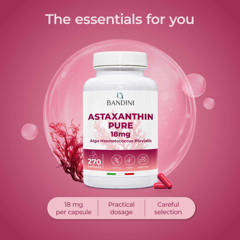 Bandini® Pure Astaxanthin 18 mg | 270 High Strength Capsules | 9 months supply | Powerful antioxidant from Haematococcus Pluvialis algae | Astaxantine Supplement, Magnesium stearate & GMO-free | Vegan