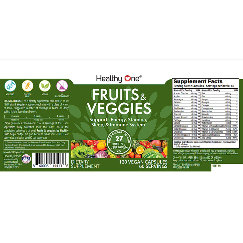 Healthy Fruits & Veggies, 27-in-1 Formula, GLP1 Support, Superfoods - 120ct | Immun & GLP1 Support, 1 Serving = 3 Servings Fruits & Vegetables, Energy & Focus, High Fiber, Antioxidants, Kid Safe 120 Count (Pack of 1)