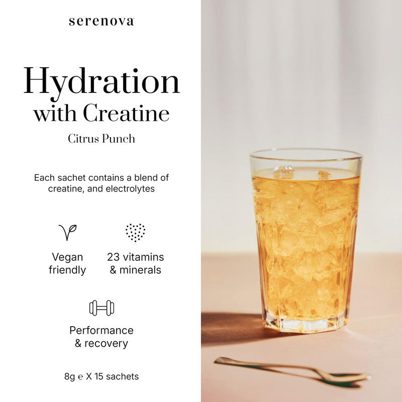 Serenova Electrolytes Sachets with Creatine 15 x 8g | Citrus Punch Flavour | Low Calorie Electrolytes with 23 Vitamins & Minerals | Hydration Sachets for Women | Supports Performance & Recovery