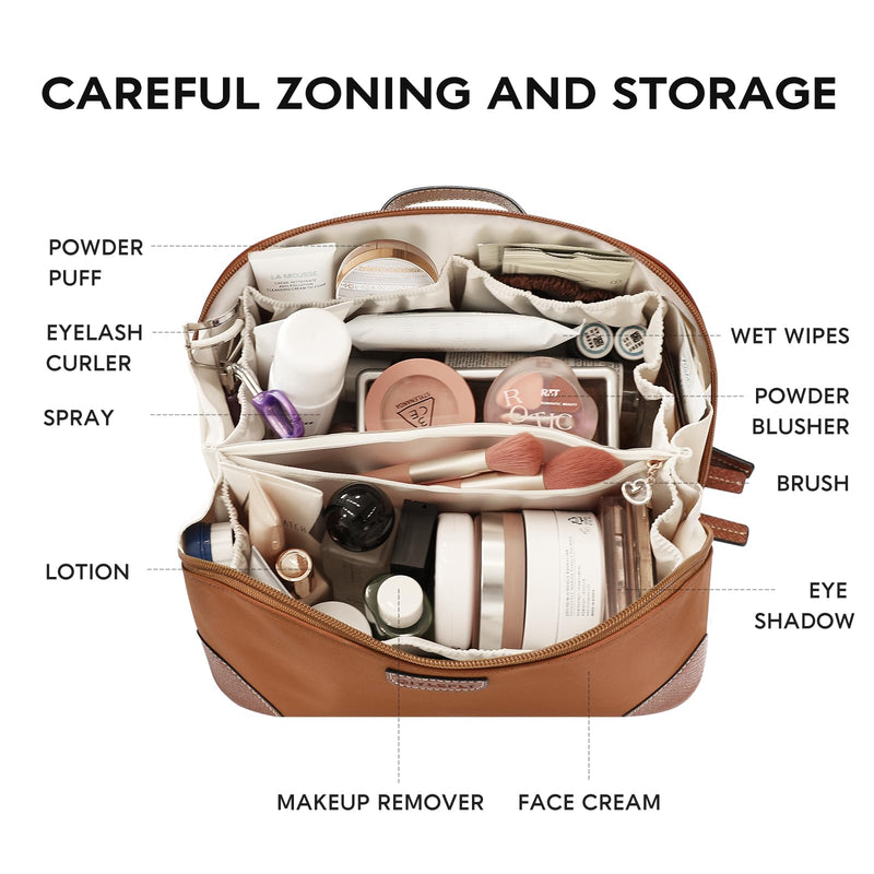 GIVLEFLY Makeup Bag for Women, Large Cosmetic Bag, Travel Toiletry Bag, Waterproof Nylon Organizer with Microfiber Leather, Flat Open for Skincare & Brushes Brown