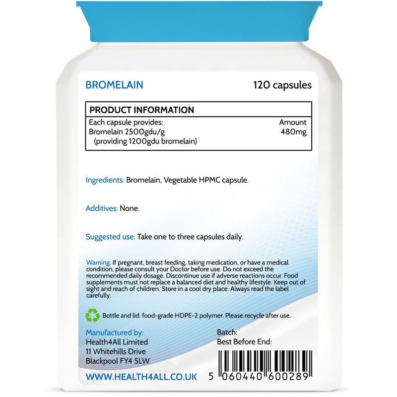Bromelain 2500 GDU/g High Strength 1200 Units per Capsule for Inflammation, Swelling & Recovery 120 Vegan Capsules Pure Pineapple Enzyme Supplement for Digestion Support UK Made - Health4All 120 count (Pack of 1)