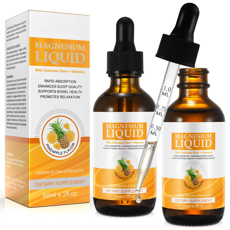 Magnesium Glycinate Liquid Drops Liquid Magnesium Complex with Glycinate,Taurate,Cellulose Fiber,Bromelain,Vitamin B6,C,D and Zinc Pineapple 120ml