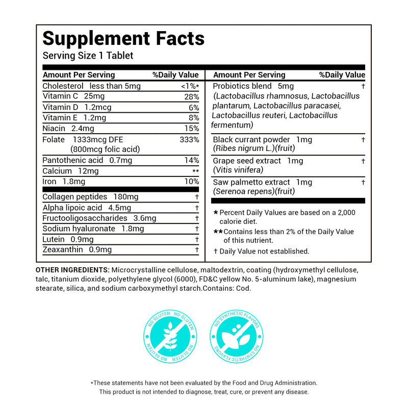 DrBioCare Collagen Peptides for Women, Beauty Vitamin & Mineral Supplement,Contains Vitamin D3, Probiotics for Women & Collagen Peptides,Vitamin E,Vitamin B Complex - Made in USA - 120 Tablets Unflavored 120 Count (Pack of 1)