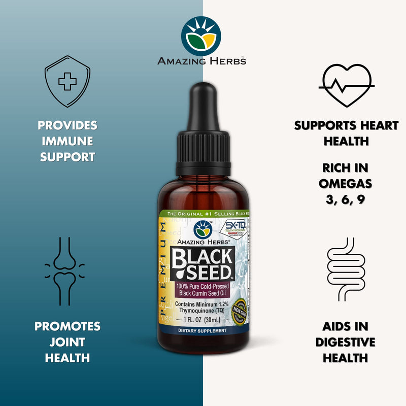 [Australia] - Amazing Herbs Premium Black Seed Oil - Gluten Free, Non GMO, Cold Pressed Nigella Sativa Aids in Digestive Health, Immune Support, Brain Function, Joint Mobility - 1 Fl Oz 1 Fl Oz (Pack of 1) 