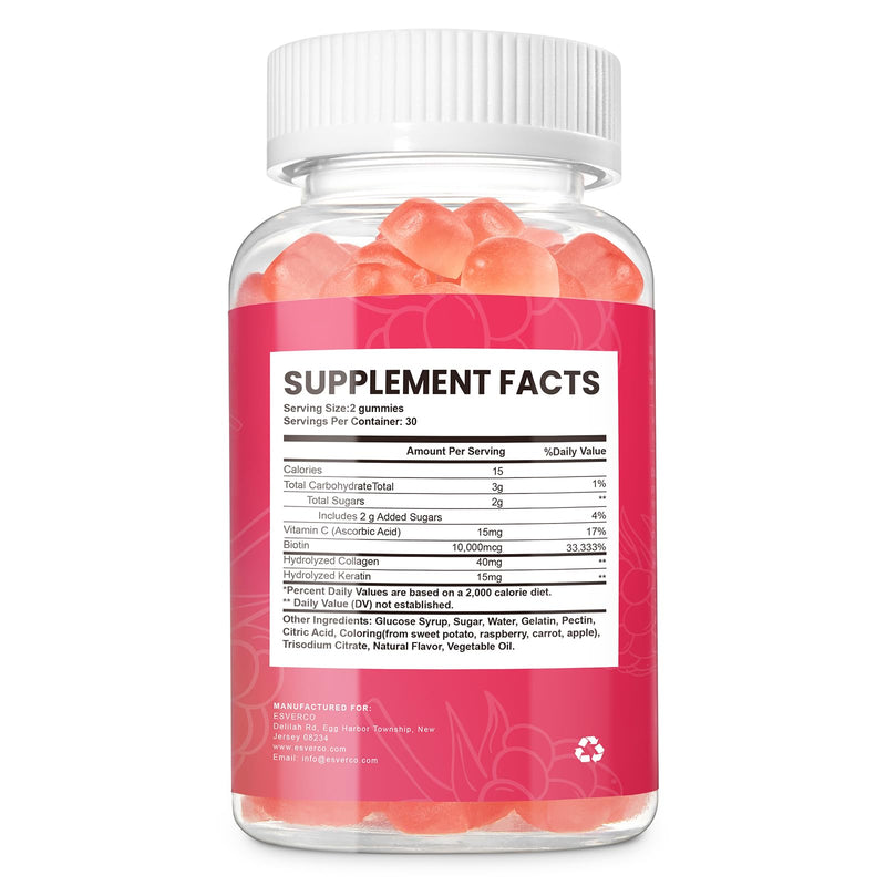 Biotin 10000mcg Keratin Collagen Gummies Hair Nail Vegan Raspberry 60 Count | For Women, Vegan, Vitamin C, Hair Nail Growth & Strengthener, Daily Supplements 60 Count (Pack of 1)