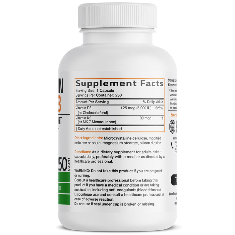 Bronson Vitamin K2 D3 (MK7) Supplement 2-in1 D3 & K2 Complex, 250 Capsules | Bone, Immune & Heart Health Support, Gluten Free, Soy Free, Non-GMO, Vitamin D3 5000IU (125 mcg) & 90 mcg K2 MK-7 250 Count (Pack of 1)