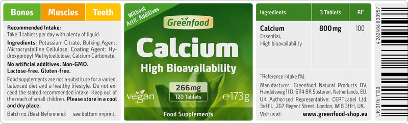 Greenfood Calcium, 266 mg, Daily Requirement, 120 Tablets, high bioavailability - contributes to the Maintenance of Teeth, Bones and Muscles. Without Artificial additives. Vegan.