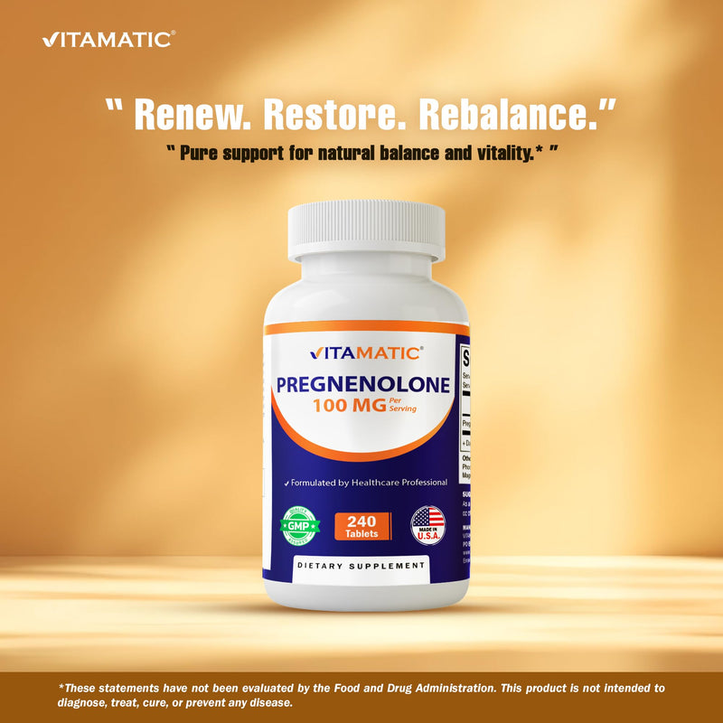 Vitamatic Pregnenolone 100 mg per Serving – 240 Tablets – Non-GMO, Gluten Free, Formulated by Healthcare Professionals – Made in USA