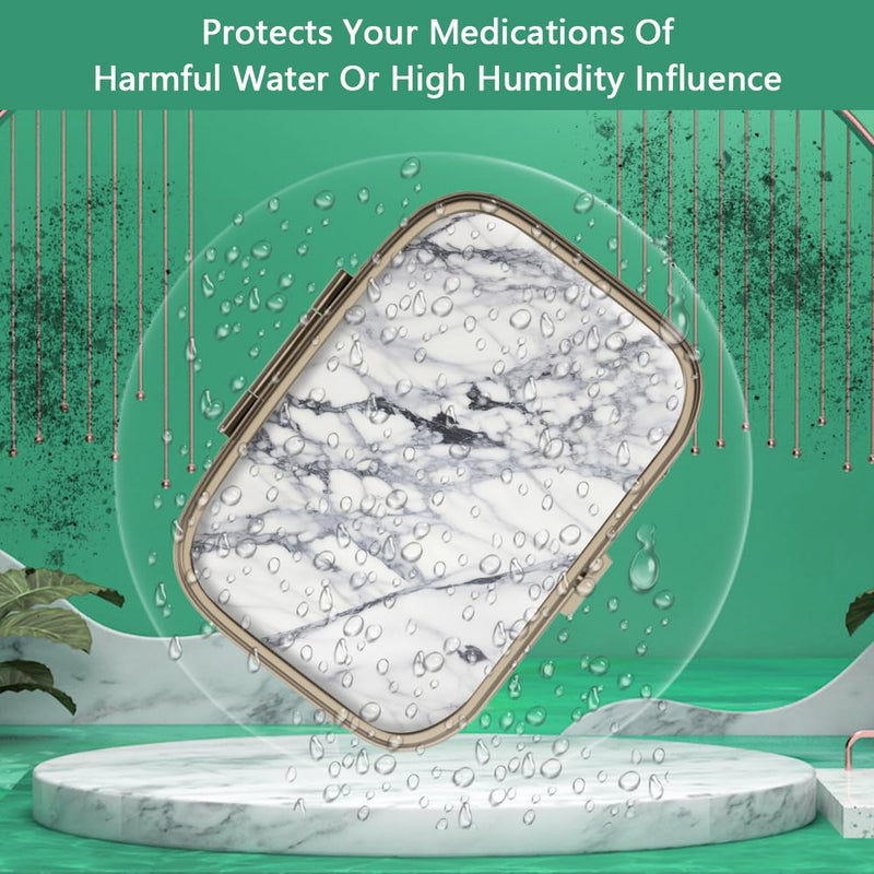 Pill Case Pill Box with Mirror Retro 2 Compartment Small Pill Case for Purse or Pocket Bronze Rectangular Pill Box or Vitamins, Fish Oil, Supplements, Pill Containe Travel Gifts（White Marble） 1 piece F-22-white Marble
