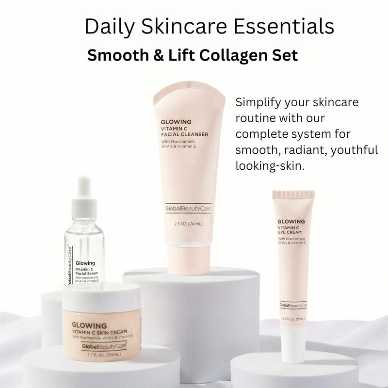 Global Beauty Care Vitamin C Glow Skincare Set - Complete Face Care Routine, Facial Cleanser, Serum, Eye Cream & Face Cream, with Niacinimade, AHA's & Vitamin E For Radiant Smooth Skin, 4-Piece Set 4-Piece Skincare Set