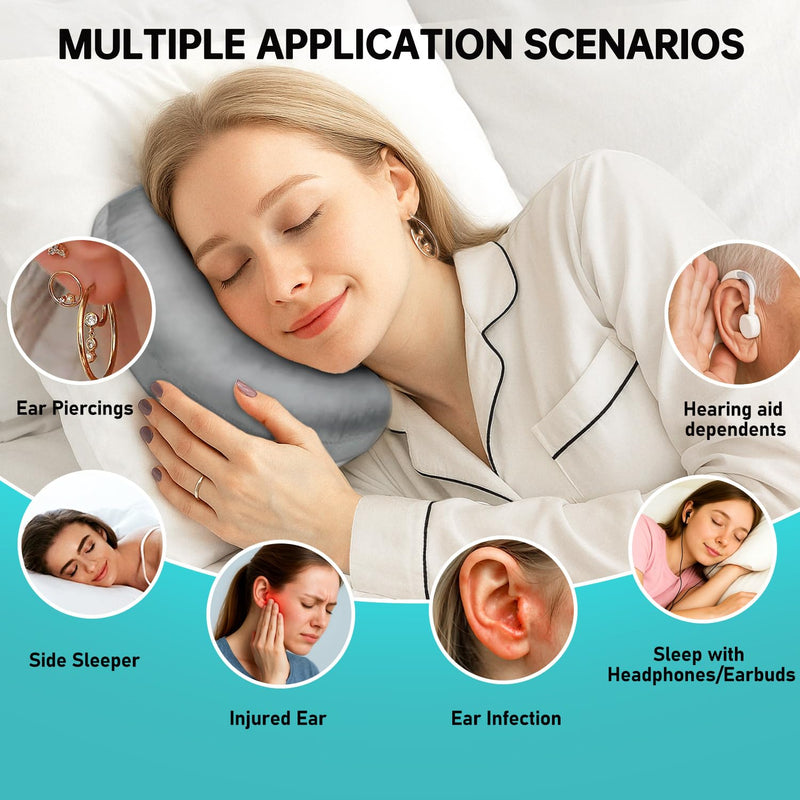 Ear Piercing Pillow for Side Sleepers - Silky Satin Piercing Pillow & Eye Mask Set with Ear Hole,CNH & Ear Pain Relief,Inflammation,Pressure Sores,Ear Guard,Washable Donut Pillow for Head Grey2