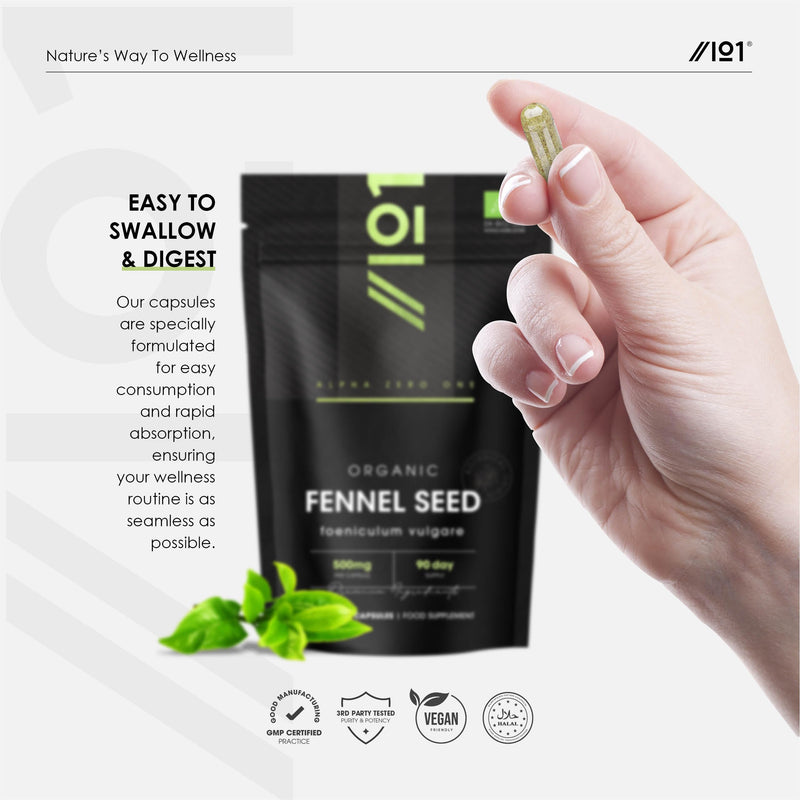 Organic Fennel Seed 500mg ~ 90 Veg Capsules (3 Months Supply) ~ High Strength Foeniculum Vulgare Supplement ~ By Alpha01