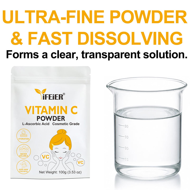 iFEiER Cosmetic Grade Vitamin C Powder for face | 100g (3.53oz) 100% Pure Ultra Fine L-Ascorbic Acid powder for DIY Serum, Creams | VC for face skin