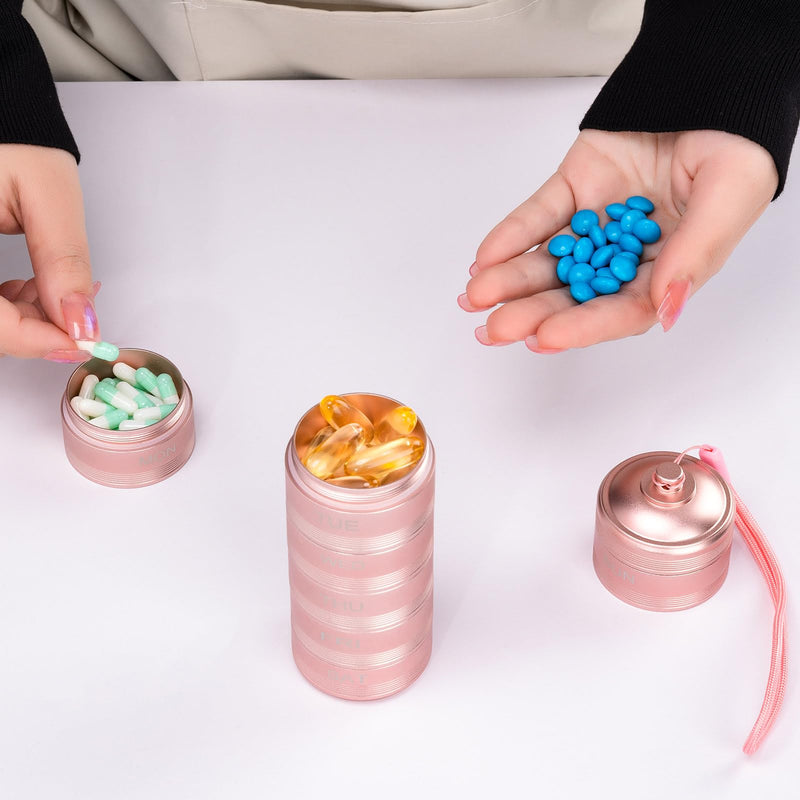 Metal Travel Pill Organizer Weekly - Waterproof Pill Box 7 Day Pill Case | Pill Container for Vitamin Medicine Supplements Fish Oil, Daily medicine Pill Organizer Pink L