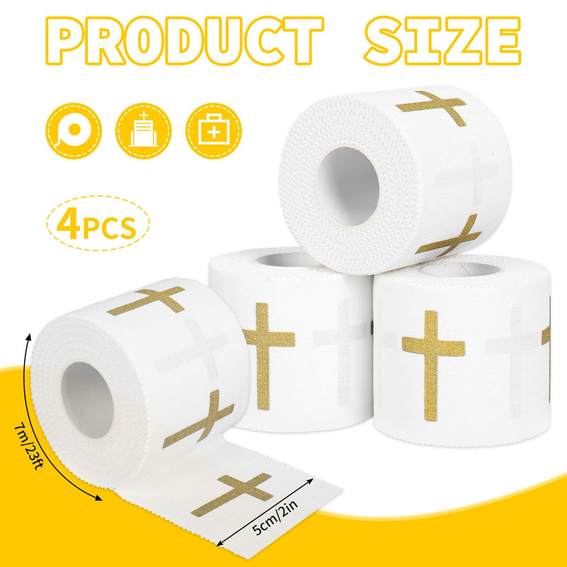Whaline 4 Rolls Christian Athletic Tapes White Gold Cross Sport Tapes First Aid Injury Wrap for Gymnastics Trainers Wrist Knee Ankle, 2 Inch x 23 Ft