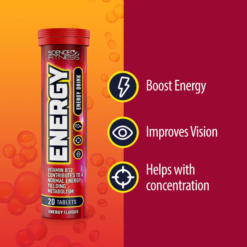 Energy Effervescent Tablets with Caffeine & Taurine by Science Fitness - for Improved Energy, Vision & Concentration - Contains Niacin, Pantothenic Acid, Vitamin B6 & B2-20 Tablets (6 Tubes) 6 Tube