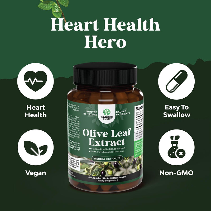 [Australia] - Potent Olive Leaf Extract Capsules - High Strength Antioxidant Supplement with Pure Olive Leaf with 20% Oleuropein - Herbal Heart Health Supplement - Vegan Non-GMO & Gluten Free (2 Month Supply) 60 Count (Pack of 1) 