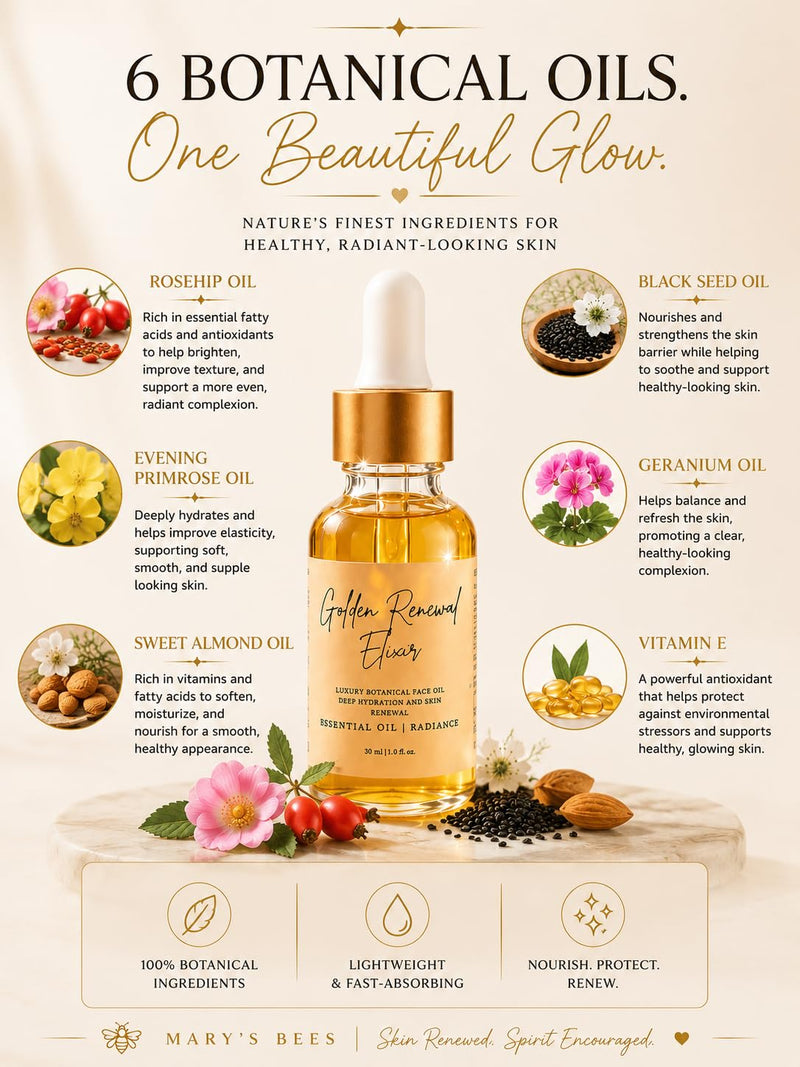 Bodji Golden Renewal Elixir Face Oil for Mature Skin, Hydrating Organic Face Oil, Rosehip Oil, Black Seed Oil, Evening Primrose Oil, Sweet Almond Oil & Vitamin E, Lightweight Serum for Dry, Aging Skin
