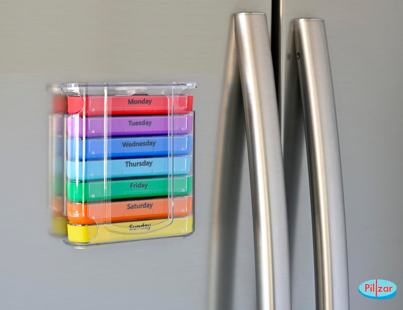 7 Day Pill Box Organizer, Hard Case with Embedded Magnet, 7 Stackable Trays, Perfect for Travel and Home Use.