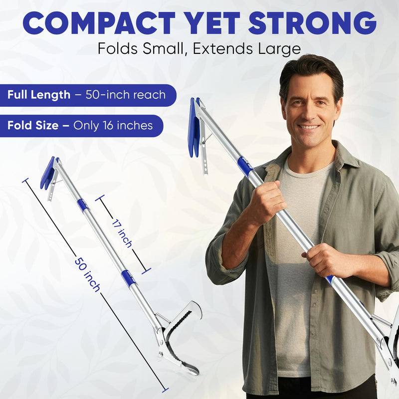 [Australia] - 2025 Upgrade PowerGrip T9, Grabber Reacher Tool, Wide Jaw, Foldable, Steel Cable, with 96 Grip Points for Firm Grip, 32" with Magnet (Blue, 50) 50" Blue 