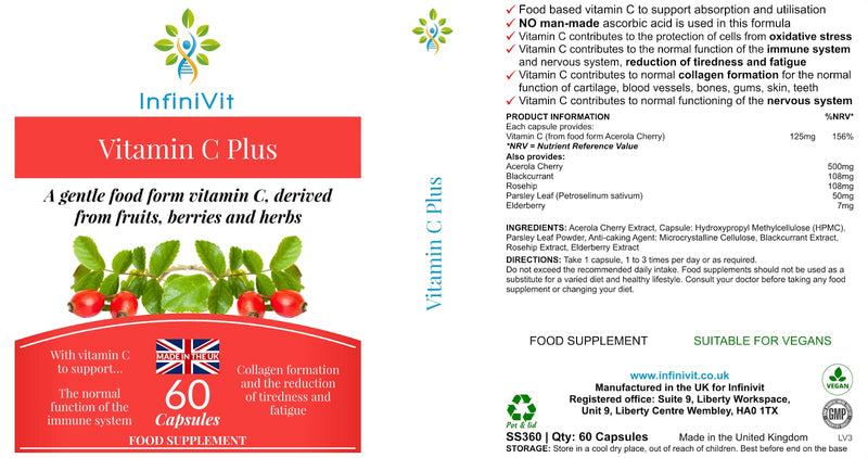 Natural Vitamin C Capsules, Sourced from Acerola Cherry, Food Form Vitamin C for Enhanced Absorption and Bioavailability