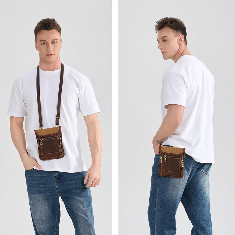 LANNSYNE Full Grain Leather Travel Wallet, Leather Cell Phone Belt Bag, Waist Pack Pouch, Neck Wallet Travel Pouch and Passport Holder for Men and Women Keep Valuables Safe Brown