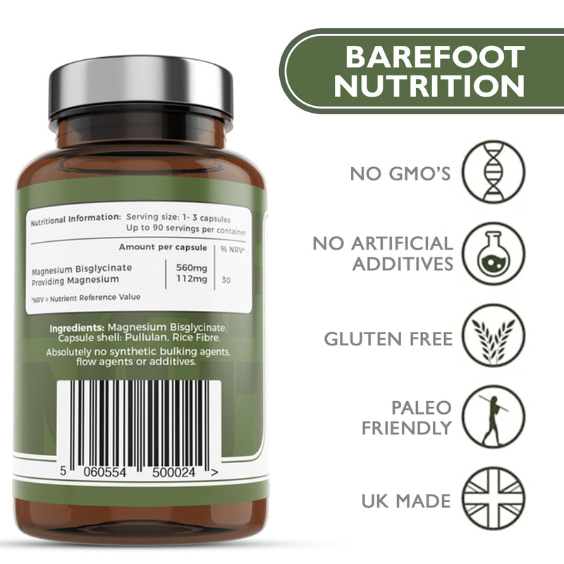 Barefoot Nutrition Magnesium Glycinate Supplement 560mg - 90 x 1-to-3 a Day Capsules. Pullulan Capsule - Superior Absorption: no Synthetic Binders or additives. Vegan & Paleo Friendly 90 count (Pack of 1)