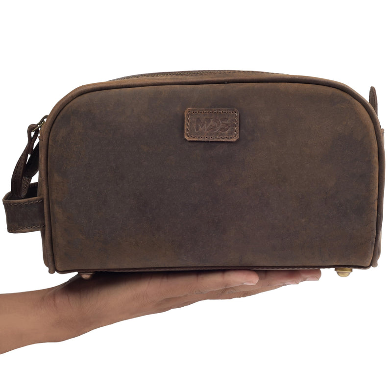 Genuine Leather Toiletry Bag for Men - Rustic Classic Vintage Handcrafted Full-Grain Leather Travel Dopp Kit with Waterproof Lining & Handle, Shaving & Grooming Kit Organizer Pouch - Rustic Brown