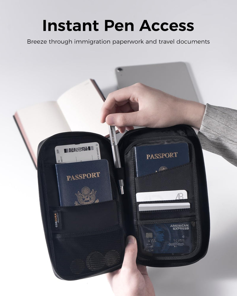 pack all RFID Blocking Passport Holder, Multiple Family Travel Wallet | Water-Resistant, Durable Cordura Fabric, Wrist Strap, Stores Cards, Boarding Pass, ID, Cash, Tickets